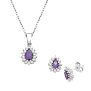 Silver Rosette Design Pendant, Bracelet and Earring Set with Oval Amethyst