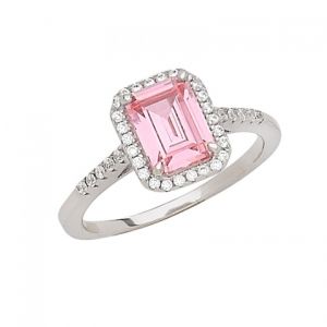 Silver Clear CZ Halo Design with Large Pink CZ Center Ring