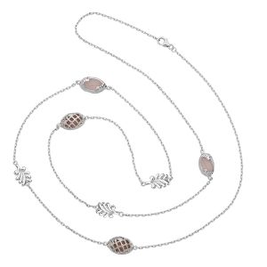 Silver Leaf Design and Oval Rose Quartz Alternating Station Necklace